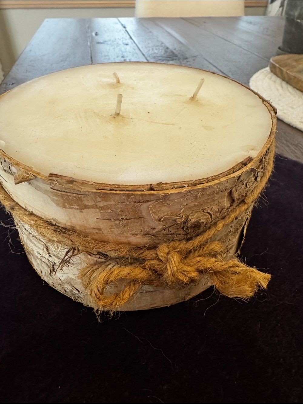 Rustic Birch Bark Three-Wick Candle with Jute Bow - Cream
